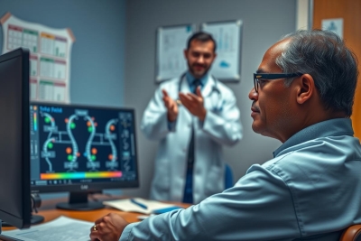 The image shows an office setting where two men are interacting. One man, wearing glasses and a white coat over a suit, stands behind another who is seated at a computer screen displaying medical images. 
