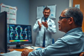 The image shows an office setting where two men are interacting. One man, wearing glasses and a white coat over a suit, stands behind another who is seated at a computer screen displaying medical images. 

