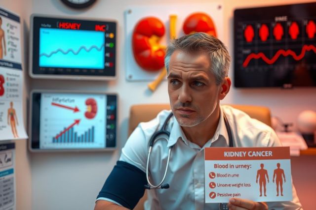 The image shows a man sitting at a medical desk. He is dressed in white, with a stethoscope around his neck, indicating he is a doctor. On the desk, there are various medical equipment and charts, suggesting this could be an educational or informational video about kidney cancer. 