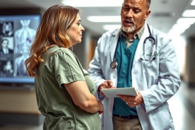 A medical scene in an office. A doctor, recognizable by stethoscope around neck and white coat, is handing a patient, wearing green scrubs, some paperwork or a chart. The doctor appears to be explaining something to the patient. 