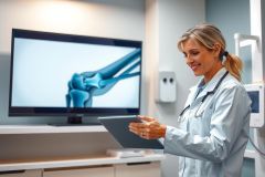 Doctor examining a 3D knee model on a tablet in a medical setting. She is wearing scrubs and a stethoscope, highlighting healthcare technology and diagnostics.