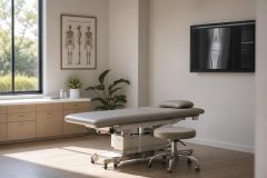 Sunlit orthopedic exam room with treatment table, knee X-ray on wall monitor, anatomy poster.