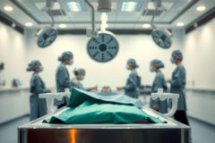Surgical team operating on a patient in a sterile operating room. Bright lights, blue gowns, and a focus on medical procedure. Healthcare environment.