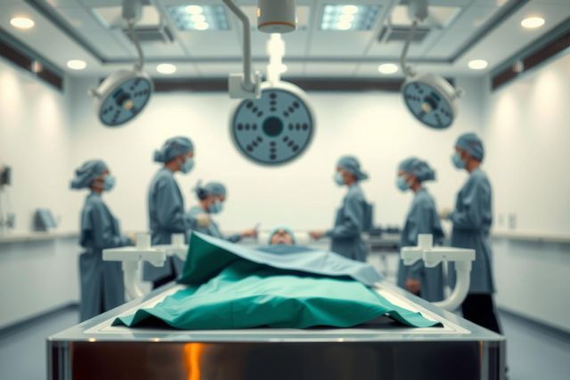 Surgical team operating on a patient in a sterile operating room. Bright lights, blue gowns, and a focus on medical procedure. Healthcare environment.