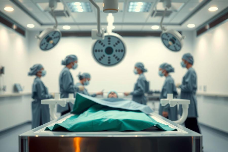 Surgical team operating on a patient in a sterile operating room. Bright lights, blue gowns, and a focus on medical procedure. Healthcare environment.