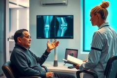 Doctor discusses X-ray results with a patient in a medical office. The image shows a concerned discussion about knee health, featuring medical diagnostics and patient care in a clinical setting.