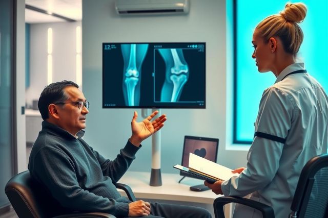 Doctor discusses X-ray results with a patient in a medical office. The image shows a concerned discussion about knee health, featuring medical diagnostics and patient care in a clinical setting.
