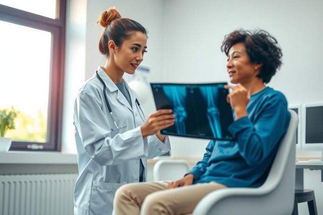 Doctor discussing X-ray results with patient in medical office. Healthcare professional explaining diagnostic images, showing care and communication in a clinical setting.