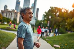 The image features a man walking in an urban park. He is dressed casually and appears to be in motion, possibly jogging. The park has a lush green lawn and well-defined pathways.