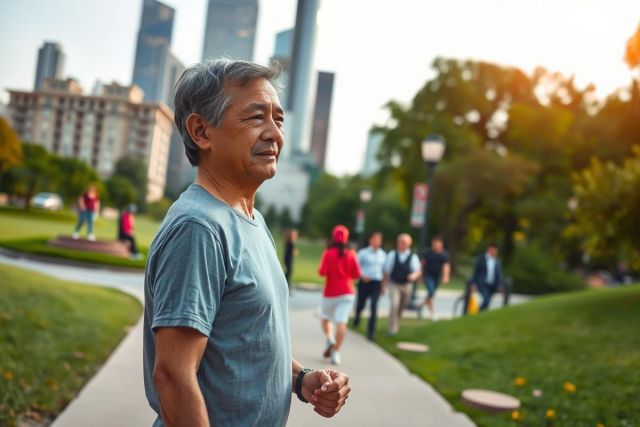 The image features a man walking in an urban park. He is dressed casually and appears to be in motion, possibly jogging. The park has a lush green lawn and well-defined pathways.