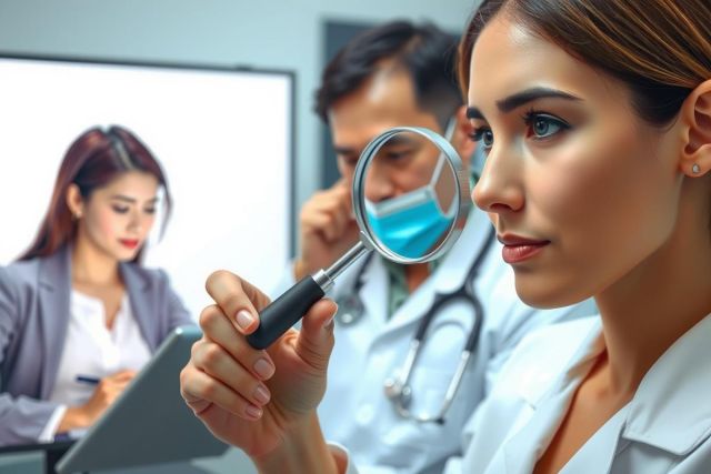 The image depicts a professional setting, likely an office or conference room. In the center, there is a woman wearing glasses and holding what appears to be a magnifying glass over her eye, examining a document closely with concentration. 