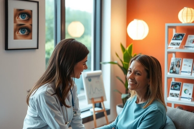 The image shows an indoor setting, specifically a clinic or medical office. There are two women engaged in what appears to be a consultation. One woman is wearing professional attire typical for a healthcare provider, indicating she might be a doctor or nurse. The other woman is sitting opposite her, possibly receiving care or advice. 