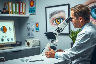 The image depicts an indoor setting, likely a medical or research facility. In the foreground, there is a man seated at a desk in front of a computer monitor displaying scientific data. The man appears to be focused on the data presented on the screen, suggesting he might be a scientist or a doctor examining patient information. 