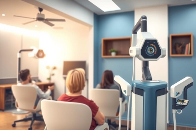 The image shows a group of people in an office environment engaged with robots. There is a humanoid robot in the center and another robot behind it, both with cameras on top. The people are sitting around a table, looking at or interacting with the robots. 