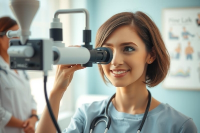 The image shows a professional setting with two individuals, likely in a medical office. A woman wearing medical scrubs is seated at a desk and using an ophthalmoscope to examine the retina of another individual's eye. The environment suggests a clinical or healthcare context, emphasizing the importance of vision care.
