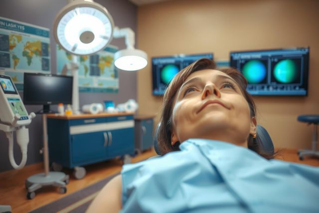 The image shows an individual lying on a dental chair in what appears to be a modern dental office. The person is wearing protective eyewear and has their head tilted slightly, possibly indicating they are receiving dental treatment or being prepared for it.