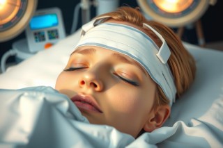 The image features a young woman lying in a hospital bed, with medical devices and monitors around her. She is wearing a bandage or strap across her forehead, which could indicate that she has experienced an injury or illness requiring medical attention. The environment appears clinical and sterile, typical of a healthcare setting. There are no overt signs of distress in her facial expression, suggesting a moment of rest or recovery.