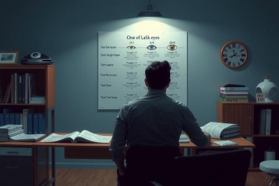 The image depicts a man in an office setting, seated at a desk with a computer monitor and various papers. The room is dimly lit and gives the impression of being at night or during low ambient light. There's a whiteboard behind the man with notes on it, suggesting this could be a workspace for planning or meetings. The overall atmosphere seems focused yet somewhat somber.