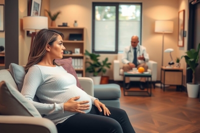 The image shows a pregnant woman in a comfortable living room setting. She is seated on a couch with her hands gently resting on her belly, indicating her pregnancy. A man, presumably her partner or husband, is standing and holding a clipboard and pen, possibly taking notes related to the pregnancy. They are in a well-lit room that appears to be a study or den, with potted plants adding a touch of greenery to the space.