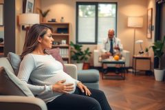 The image shows a pregnant woman in a comfortable living room setting. She is seated on a couch with her hands gently resting on her belly, indicating her pregnancy. A man, presumably her partner or husband, is standing and holding a clipboard and pen, possibly taking notes related to the pregnancy. They are in a well-lit room that appears to be a study or den, with potted plants adding a touch of greenery to the space.