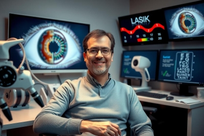 A man is seated in front of multiple computer monitors, which display graphs and a magnified image of an eye. He is wearing glasses and appears to be focused on the visual data presented on the screens.