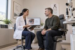Ophthalmologist consulting a middle-aged patient in exam room, eye chart and equipment visible.