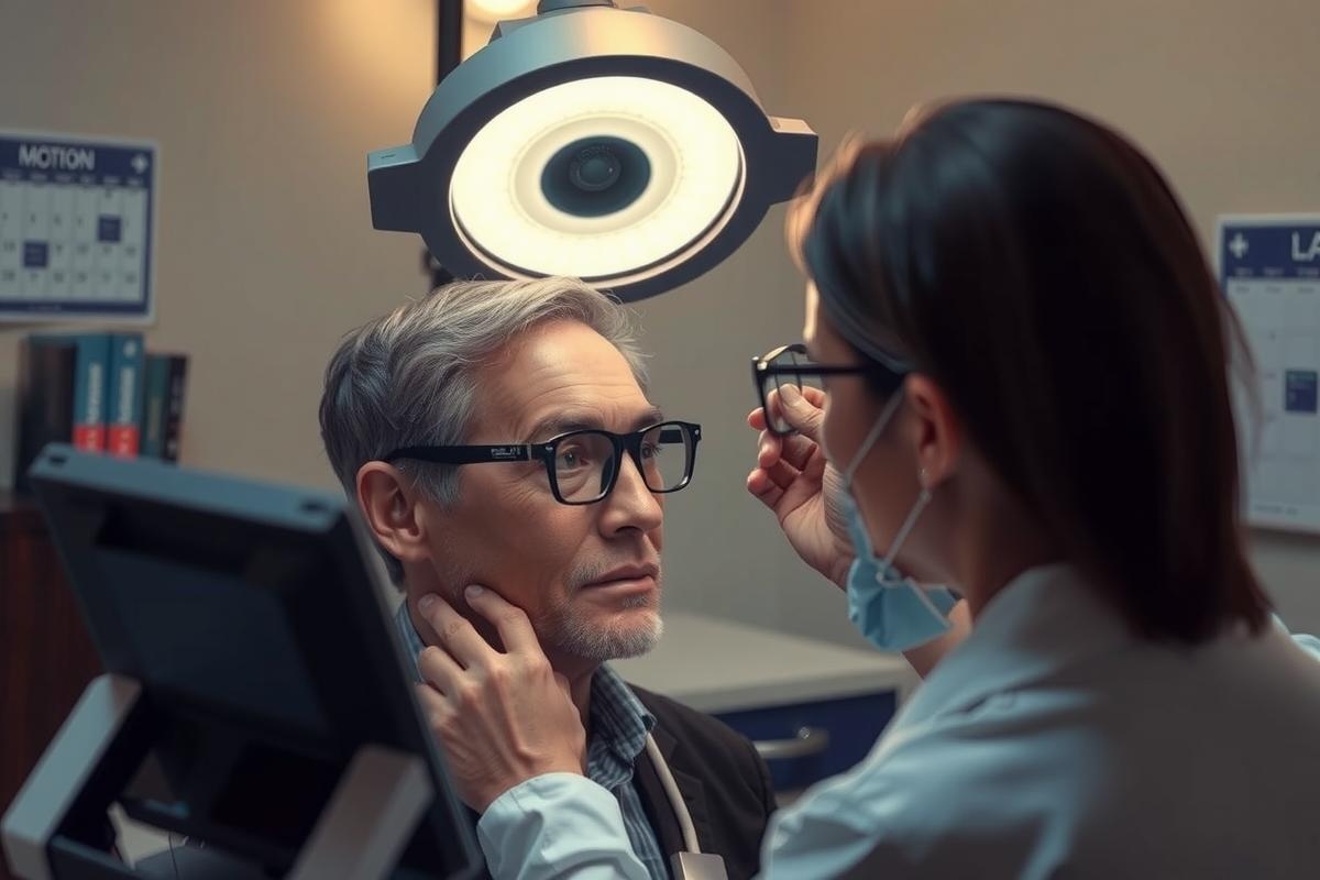 The image shows two individuals in what appears to be a medical examination setting. On the left, there is an older gentleman with gray hair and glasses, wearing a dark jacket over a white shirt. On the right, there is a younger woman with dark hair, dressed in a blue lab coat and stethoscope around her neck, who seems to be conducting a medical examination or consultation.