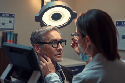 The image shows two individuals in what appears to be a medical examination setting. On the left, there is an older gentleman with gray hair and glasses, wearing a dark jacket over a white shirt. On the right, there is a younger woman with dark hair, dressed in a blue lab coat and stethoscope around her neck, who seems to be conducting a medical examination or consultation.