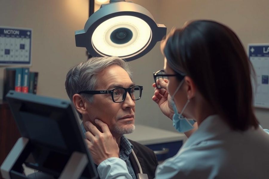 The image shows two individuals in what appears to be a medical examination setting. On the left, there is an older gentleman with gray hair and glasses, wearing a dark jacket over a white shirt. On the right, there is a younger woman with dark hair, dressed in a blue lab coat and stethoscope around her neck, who seems to be conducting a medical examination or consultation.