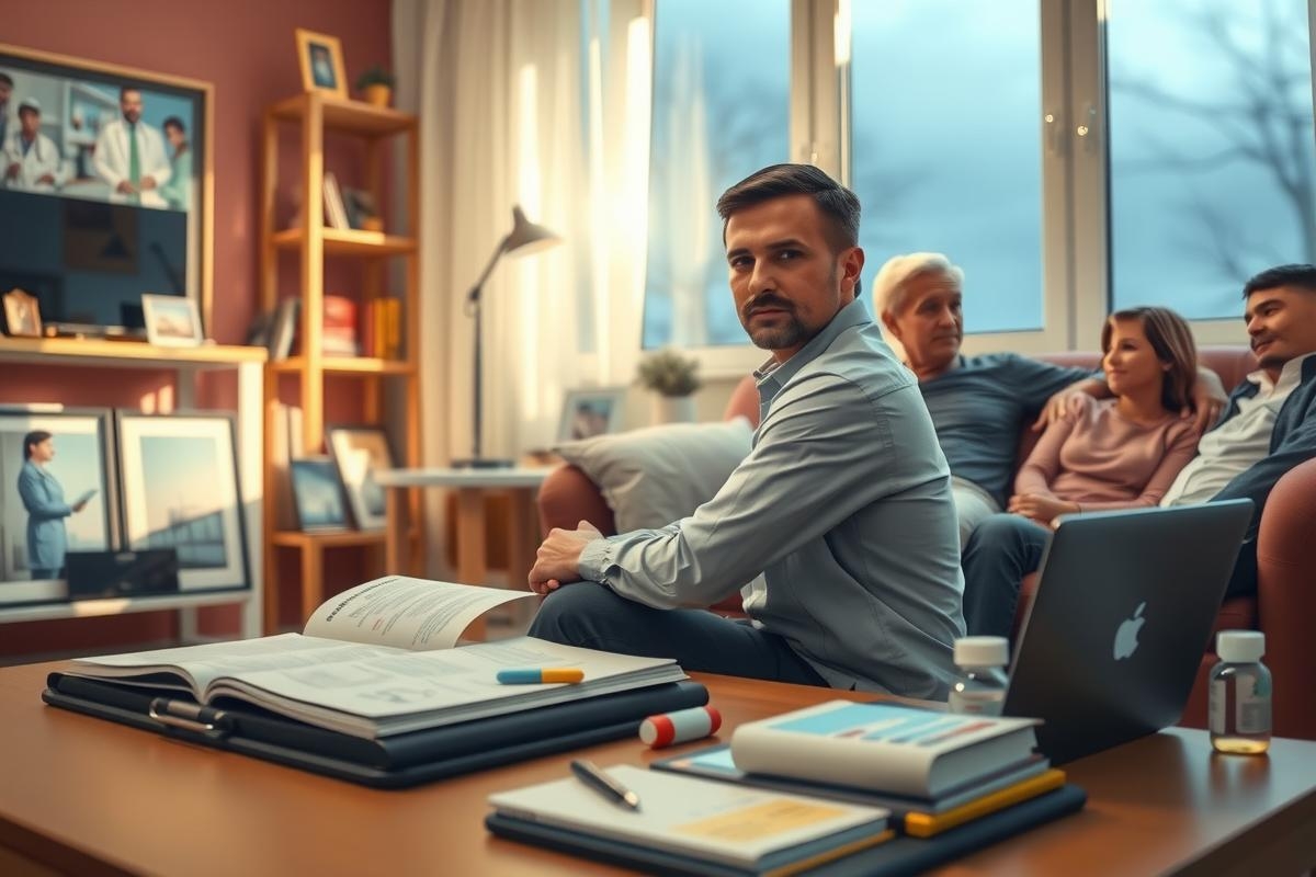 The image depicts a professional setting, likely an office or boardroom. There is a man sitting at the head of a table with various books and papers spread out on it, suggesting he might be leading a meeting or preparing for a presentation. The room has a warm ambiance with natural light coming in from large windows that let in soft illumination.