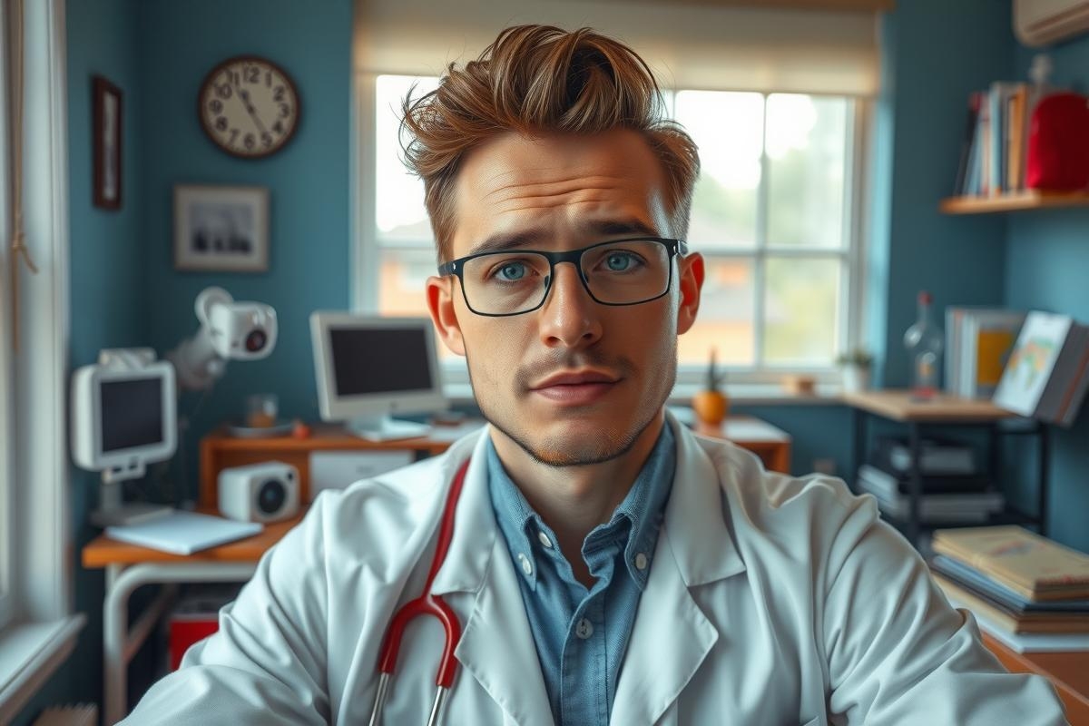 The image features a young male wearing glasses and a white lab coat, suggesting he is a doctor. He is seated at a desk in an office environment that includes medical equipment such as a blood pressure monitor. The colors are predominantly cool tones with a hint of blue from the surrounding objects. The context appears to be a professional setting likely within a healthcare facility.