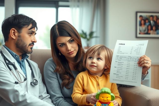 A family, consisting of a man in a white lab coat and a woman with a baby on her lap, is seated on a couch. They are looking at a piece of paper which appears to be medical records or a bill. The environment looks like an indoor living room setting. Colors include the clothing of the family members and the neutral tones of the room.