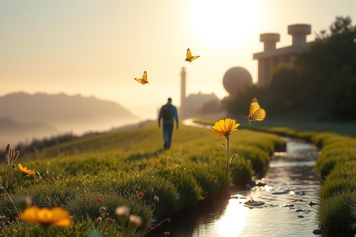 The image captures a serene sunrise or sunset in a lush green field. A person is walking along a small river that meanders through the scene, adding a sense of tranquility to the environment. Butterflies are seen flying around the area, their wings shimmering in the soft light. The colors in the image are vibrant, with the greens of the field contrasting against the cooler tones of the sun and sky. In the distance, there's a silhouette of a structure that could be part of a park or a garden area.