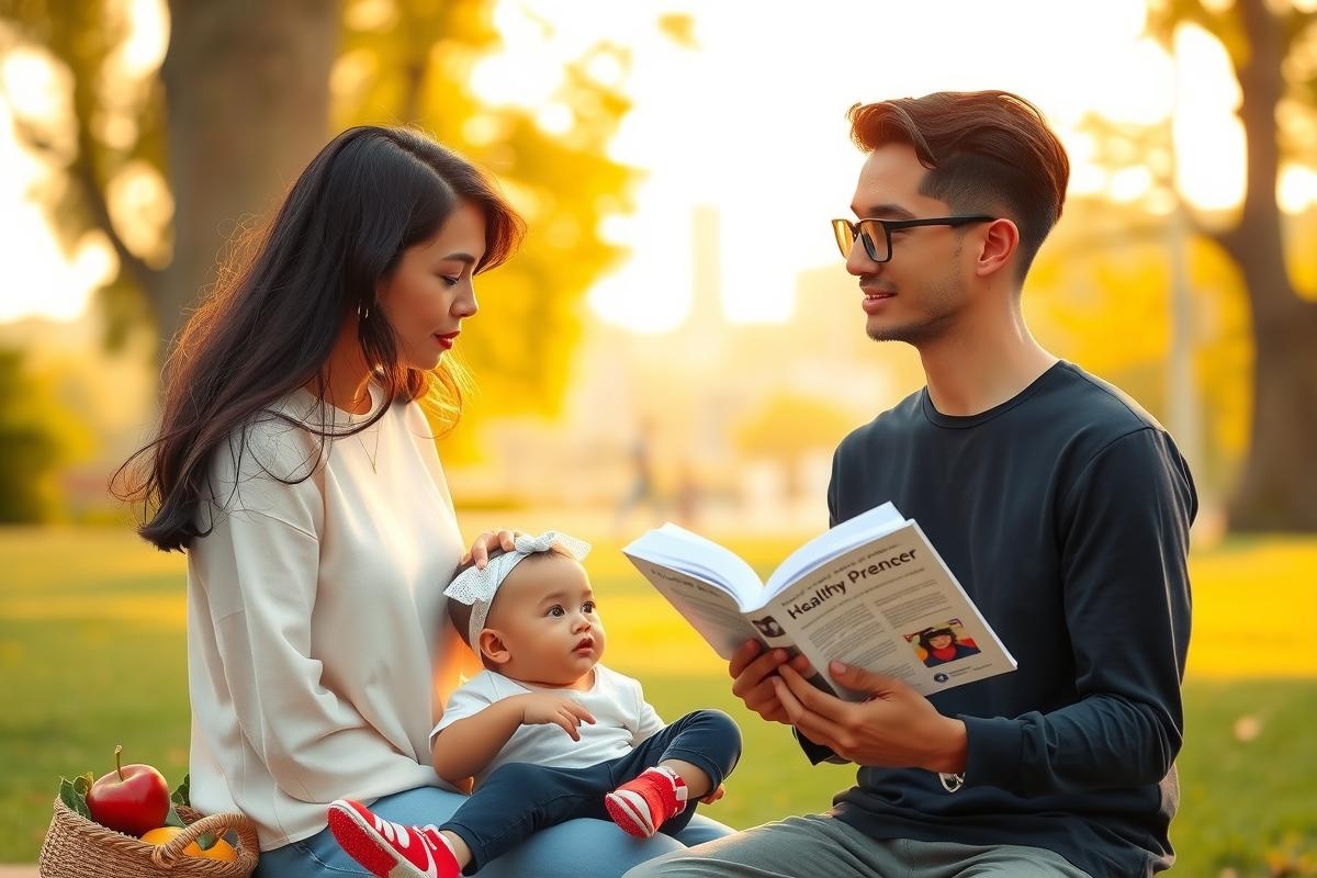 The image depicts a family scene during daylight, possibly sunset. A man and woman are sitting on the grass with their baby, both looking at a book that is open between them. The man is wearing glasses and has a beard. They appear to be engaged in a shared reading activity. The environment suggests a park or garden setting with trees and greenery around them. This image conveys a warm, family-oriented atmosphere.