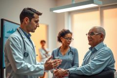 Doctor consults with a patient in a clinical setting. Healthcare professional discusses treatment options, emphasizing care and communication. Medical examination, patient care, doctor-patient relationship.
