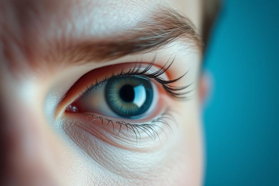 Close-up of a striking blue-green eye with long, dark eyelashes and a defined eyebrow. The eye is set against a blurred teal background, highlighting its detail and beauty. Focus on eye health, beauty, and visual detail.