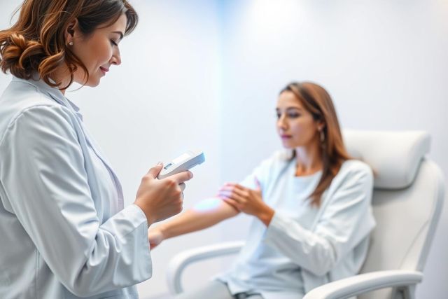 Doctor examining patient's skin in a bright, modern clinic. Healthcare professional using a handheld device, likely for a dermatology checkup. Focus on skin health and medical examination in a clean, white environment. Professional medical care concept.