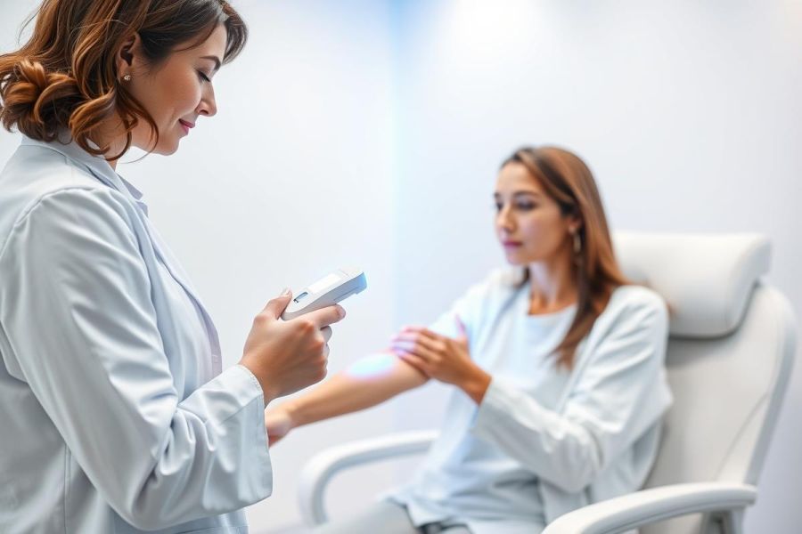 Doctor examining patient's skin in a bright, modern clinic. Healthcare professional using a handheld device, likely for a dermatology checkup. Focus on skin health and medical examination in a clean, white environment. Professional medical care concept.