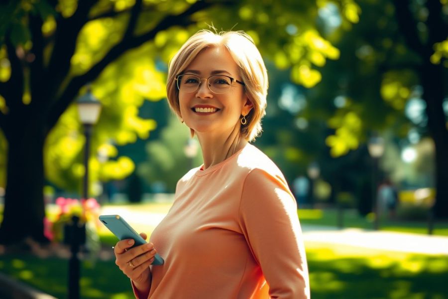 In the image, there's a woman standing in a park on a sunny day. She is wearing glasses and has short hair. She's dressed casually with an orange top. In her hands, she holds a smartphone, possibly checking messages or browsing the web. The environment suggests a leisurely afternoon in a public space with trees and pathways visible around her.