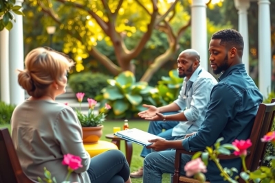 A group of three adults, two men and a woman, are sitting together in an outdoor setting. They appear to be engaged in a conversation or meeting as one man holds what seems to be a clipboard and paperwork. The environment suggests a casual yet focused atmosphere, possibly at an office or a community gathering place.