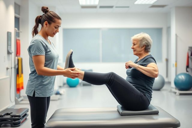 Physical therapy session in a bright gym. An elderly woman exercises with guidance from a young therapist. Focus on rehabilitation, senior fitness, and healthy aging. Blue and grey tones dominate the scene with exercise equipment visible.