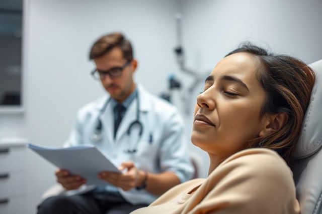 Doctor examining patient records in a medical clinic. A relaxed woman reclines on an examination table while a male doctor in a white coat reviews paperwork. The scene features neutral colors and a professional healthcare setting, suggesting a routine checkup or consultation.