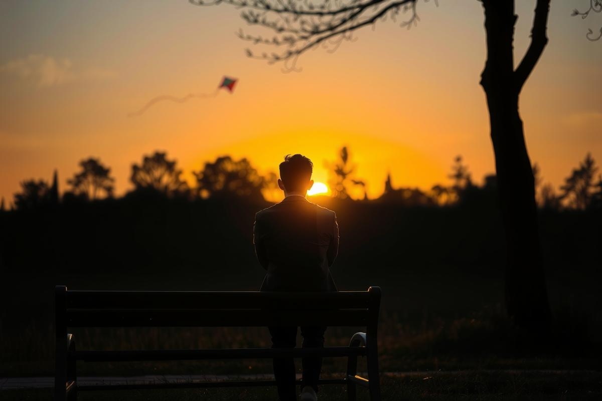 The image shows a solitary figure sitting on a park bench during sunset. The person is silhouetted against the warm orange and yellow hues of the setting sun, with a clear sky in the background. There are trees visible to the left of the frame, adding to the tranquil park atmosphere.