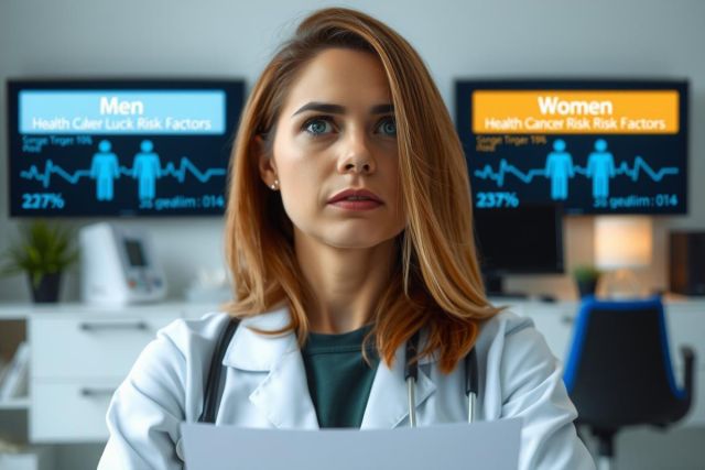 The image features a woman with short blonde hair, wearing a white lab coat over a dark top. She is situated in an office environment, possibly a medical or healthcare setting, as indicated by the monitors and computer screens displaying various medical statistics and data related to patient demographics. 