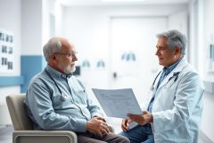 Doctor consults with an elderly patient in a bright, modern hospital hallway. The image depicts a healthcare discussion, featuring a senior man with a beard and a male doctor in a white coat, reviewing medical documents. Focus on patient care, senior health, and medical consultation themes. Blue and white color palette.
