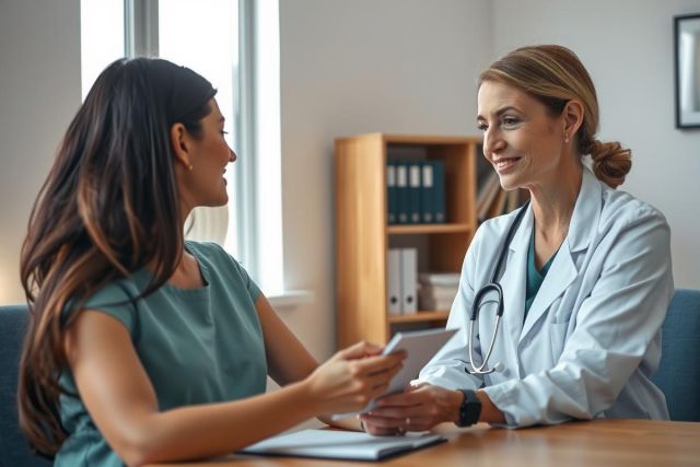 Doctor consults with a patient in a clinic setting. The doctor, wearing a white coat and stethoscope, reviews a tablet while the patient sits opposite. Bright, clean environment.