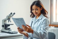 A female scientist in a lab coat examines a document near a microscope. The image showcases a lab environment with equipment and test tubes, suggesting scientific research and analysis.