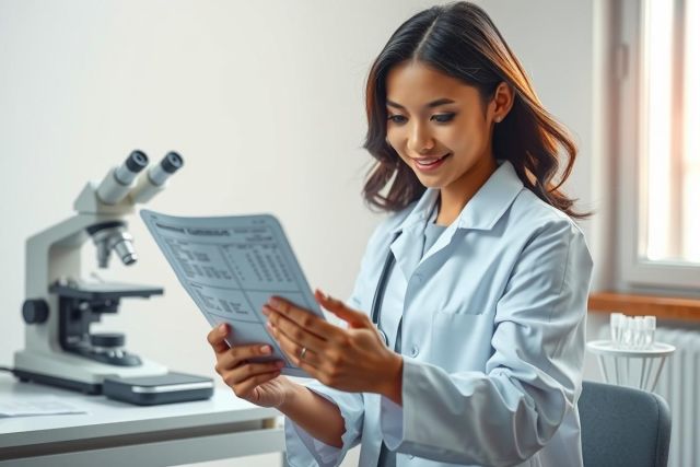 A female scientist in a lab coat examines a document near a microscope. The image showcases a lab environment with equipment and test tubes, suggesting scientific research and analysis.