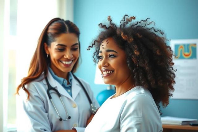 A female doctor in a white coat examines a patient in a medical office. Warm lighting and a blue background create a welcoming atmosphere. Healthcare, consultation, and patient care are key themes.