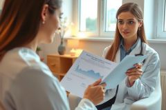A female doctor in a white coat discusses a chart with a patient in a bright, modern office setting. Focus on healthcare consultation and medical discussion.